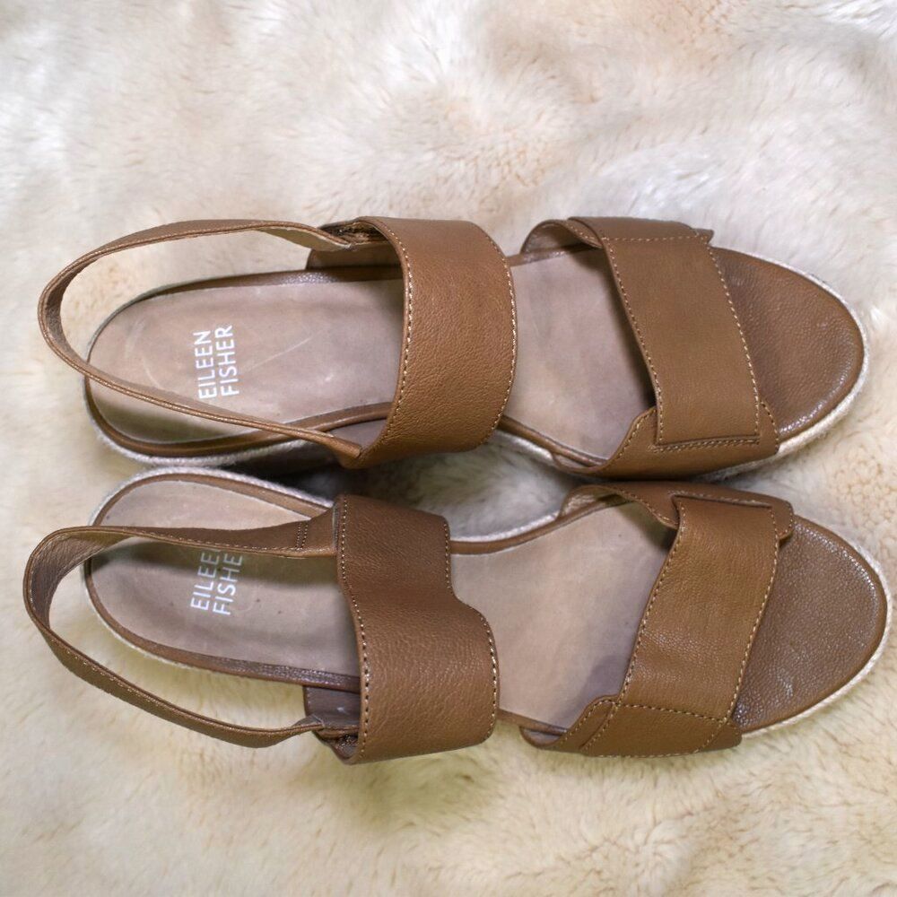 Eileen Fisher Winnie Espadrille Wedge Sandals 8.5 Brown Jute Platform - Picture 16 of 16
